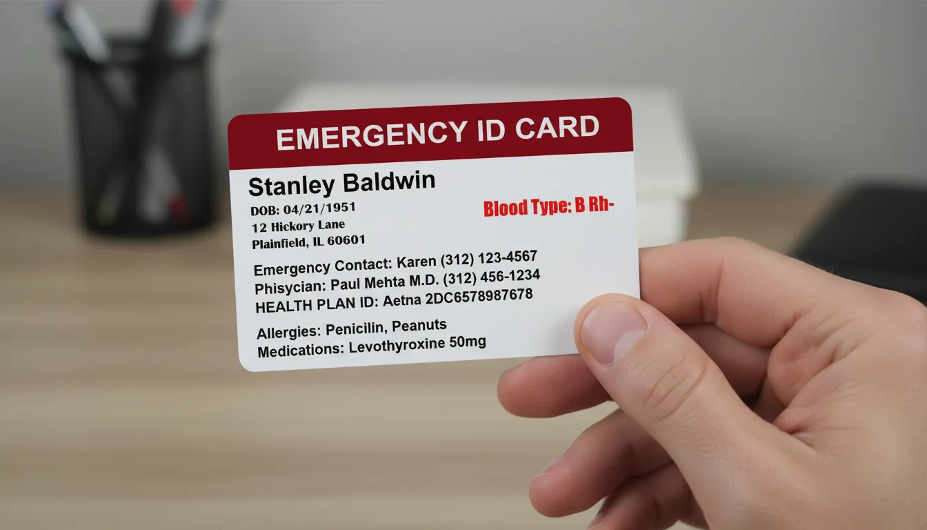 Emergency plastic ID badge with dark red top bar, black and red text, containing medical information.