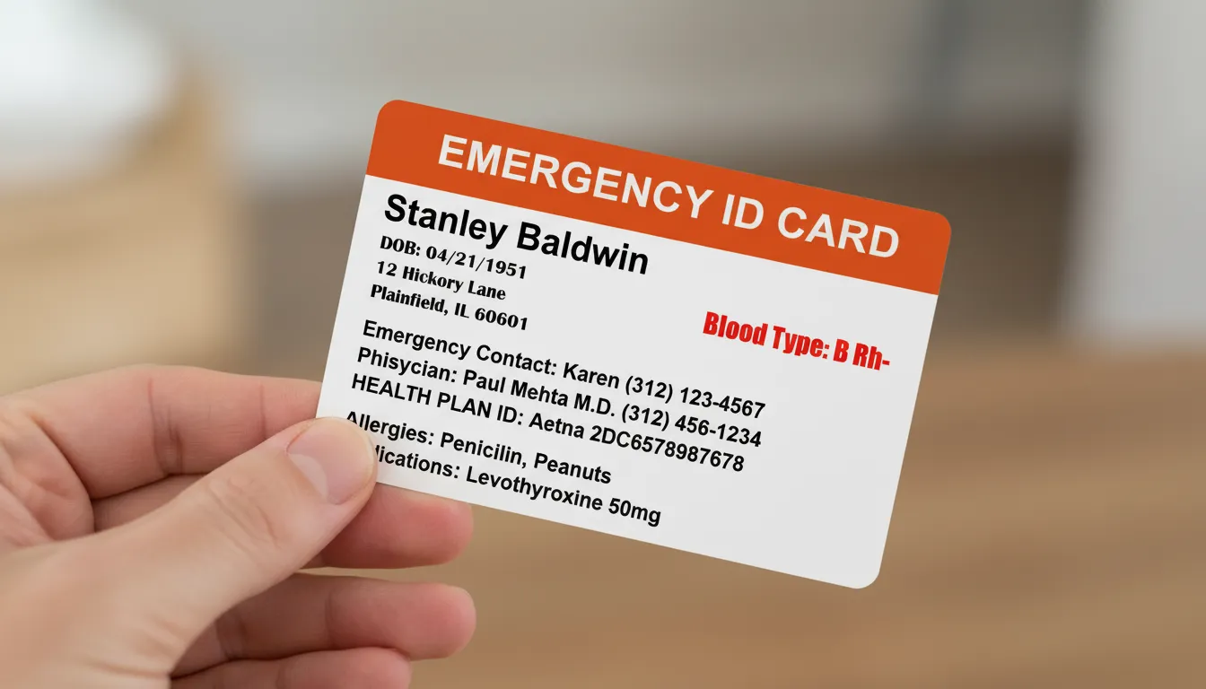 Emergency plastic ID badge with orange header and white background, containing medical information.