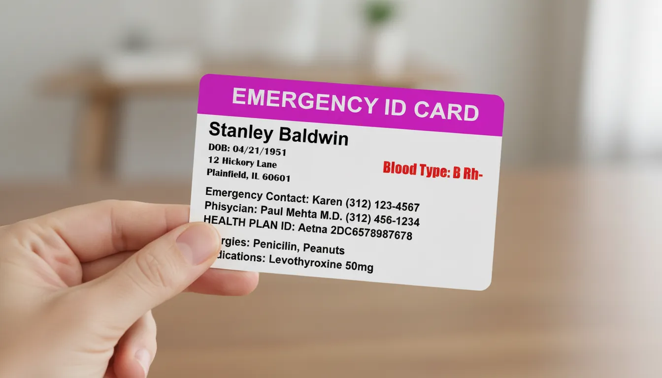 Emergency plastic ID card  with pink top bar, black and red text, containing medical information.