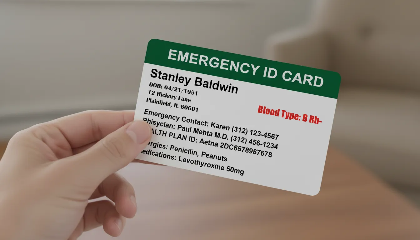 Emergency PVC ID badge with green header and white background, black and red text.