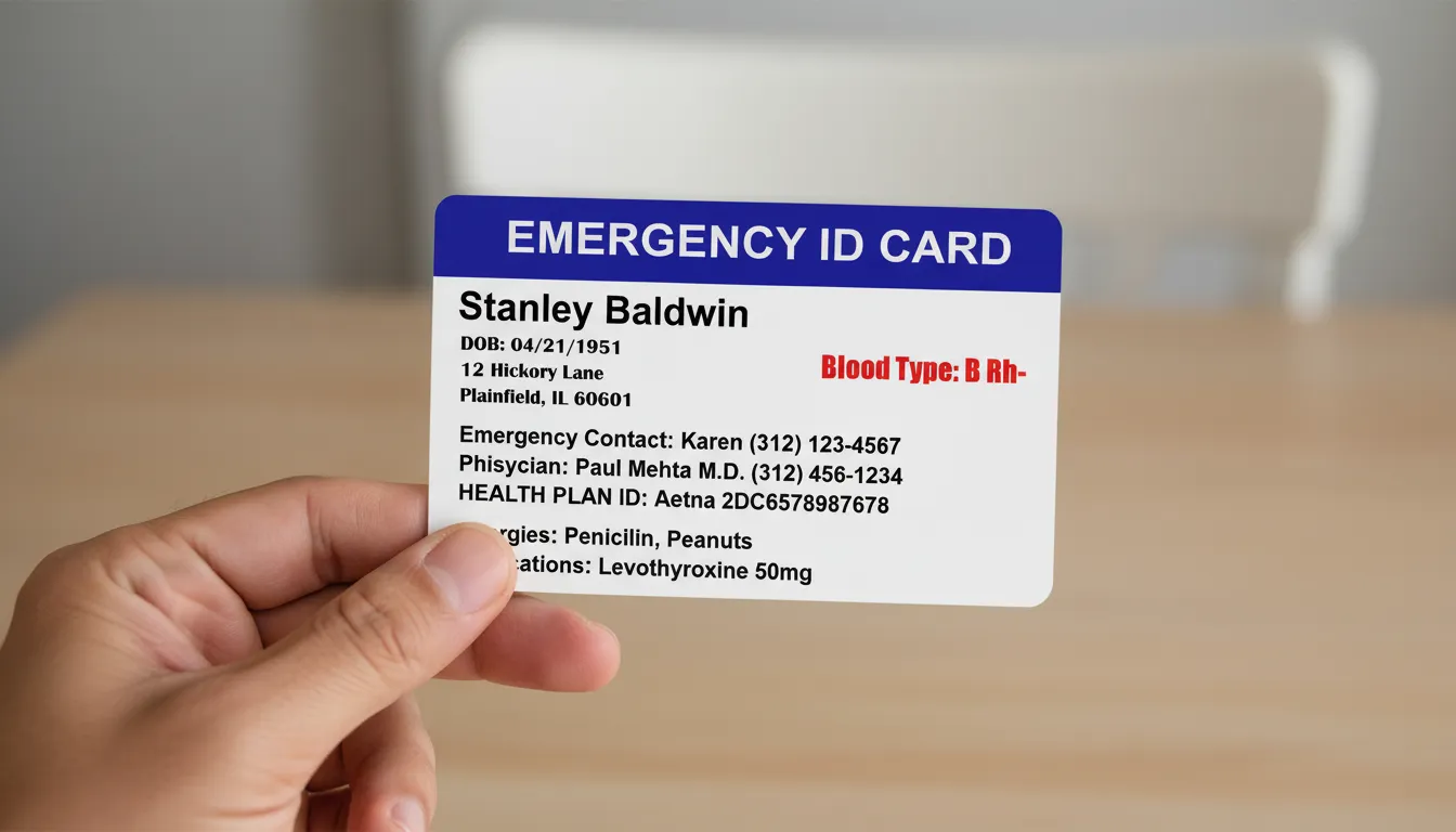 Emergency PVC ID card  with navy blue header, black and red text, containing useful information.