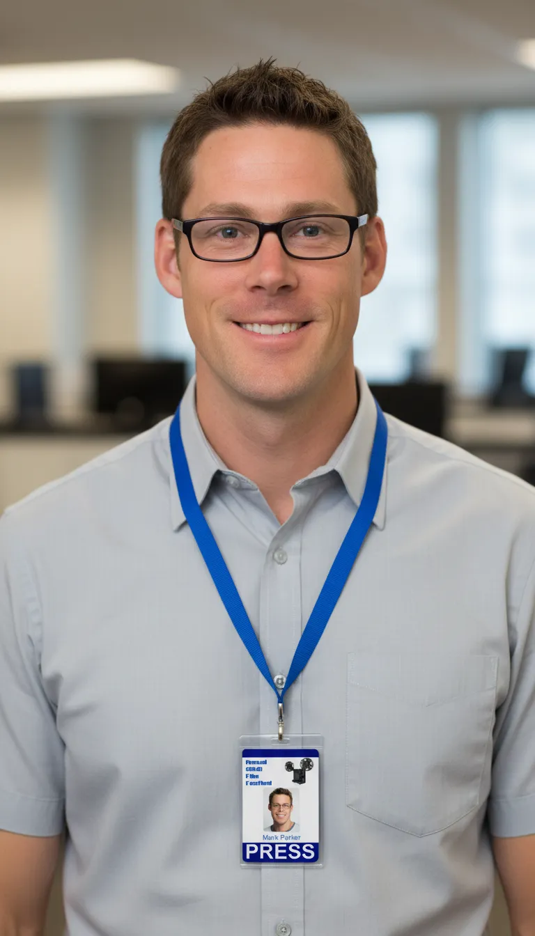 Custom photo id badge for press, with RFID proximity chip for access control, with white background and color bars.