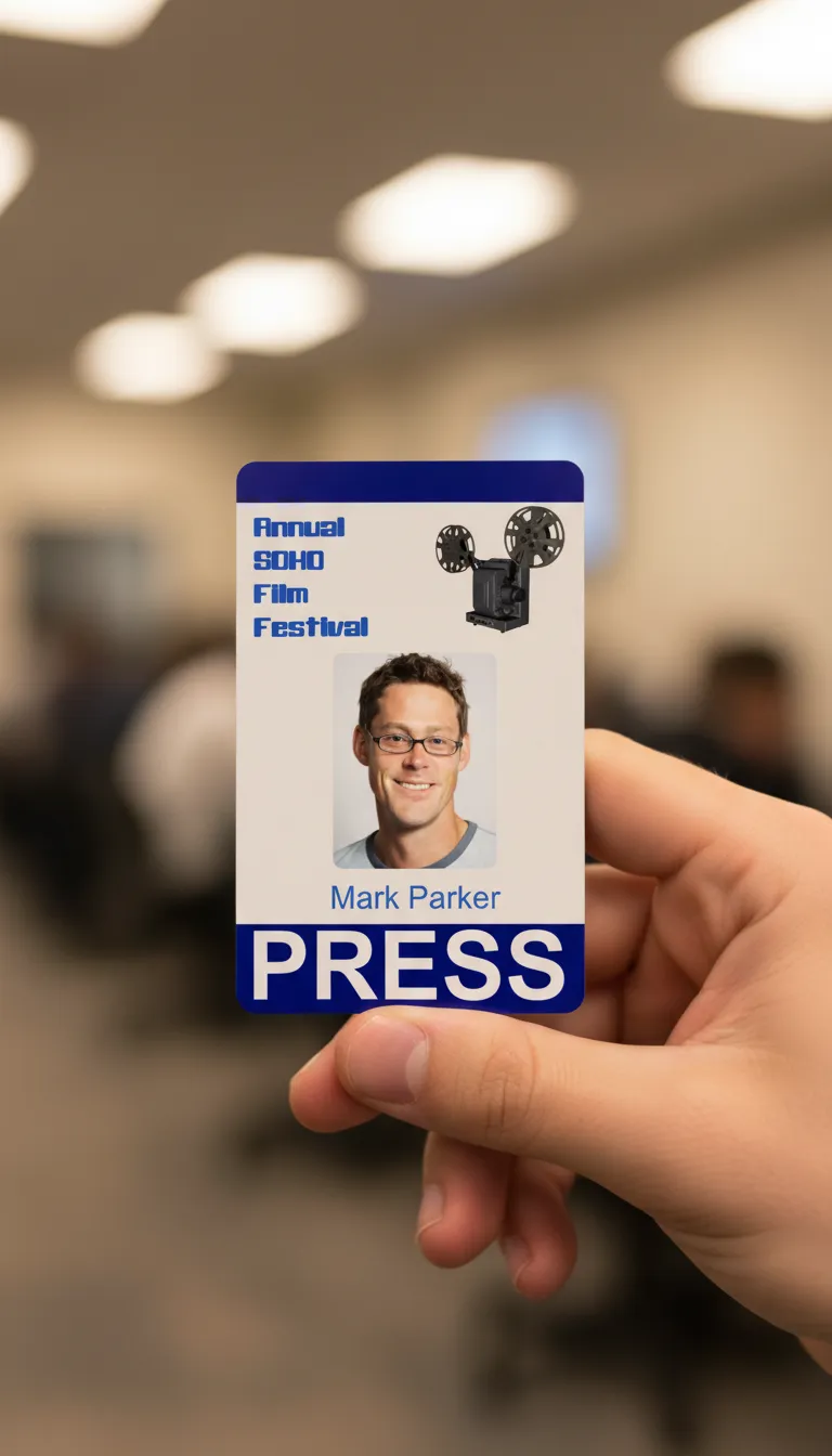 Media ID pass with a photograph, the word press in bold capital letters in high contrast against color bar.