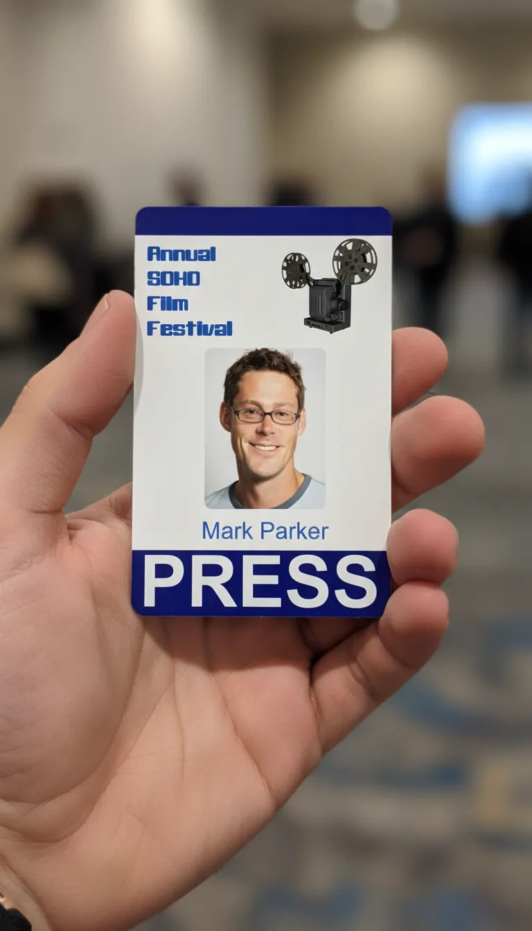 Press photo id card for a film festival, with RFID proximity chip, top and bottom color bars and blue text.