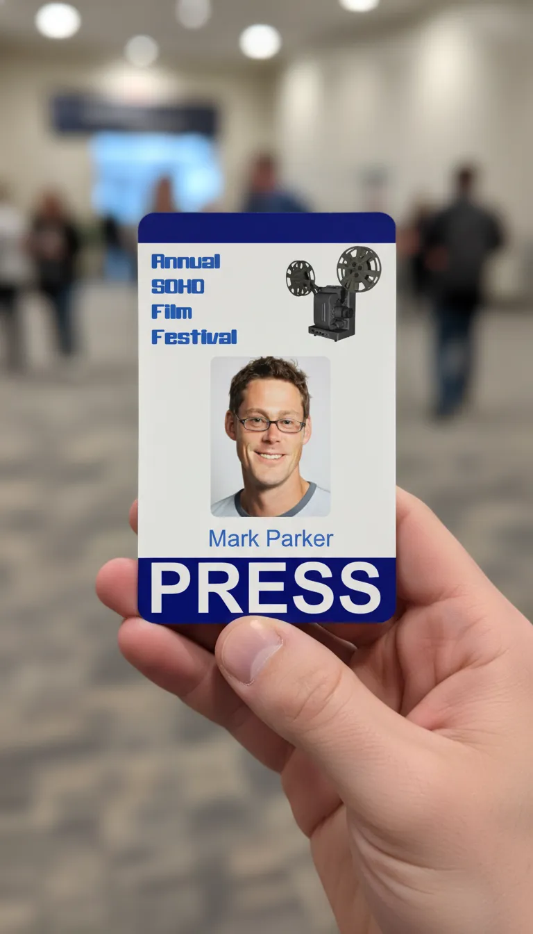 Vertical media photo id badge with a film projector image, event name, and the word press in white on navy blue background.