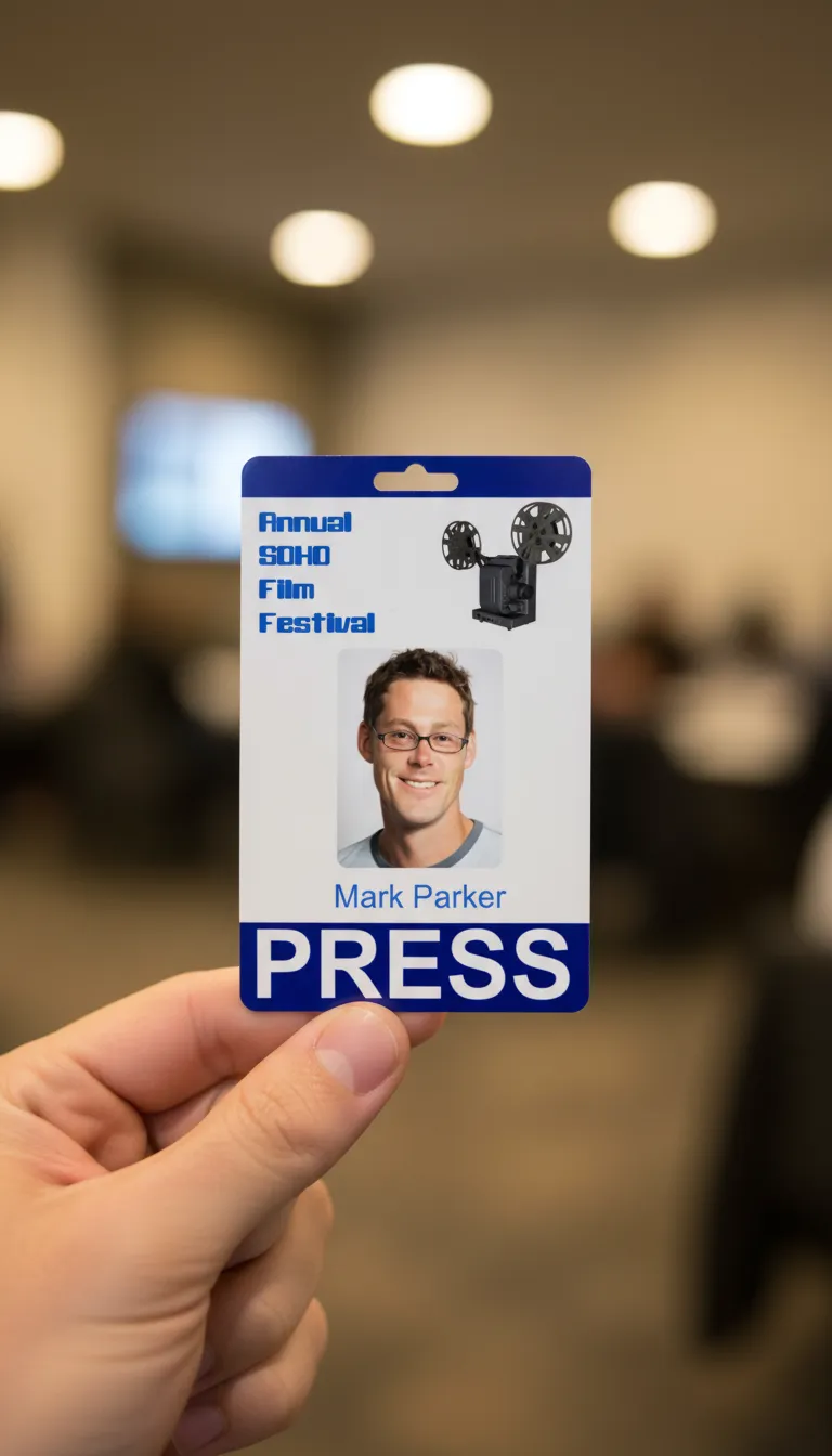 Vertical press id card, made of PVC, with top and bottom color bars and a photo of the person in the middle.