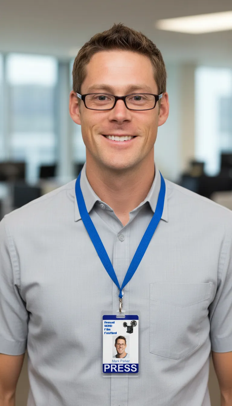 Vertical press photo id badge, with a slot, worn by a lanyard, with top and bottom navy blue bars.