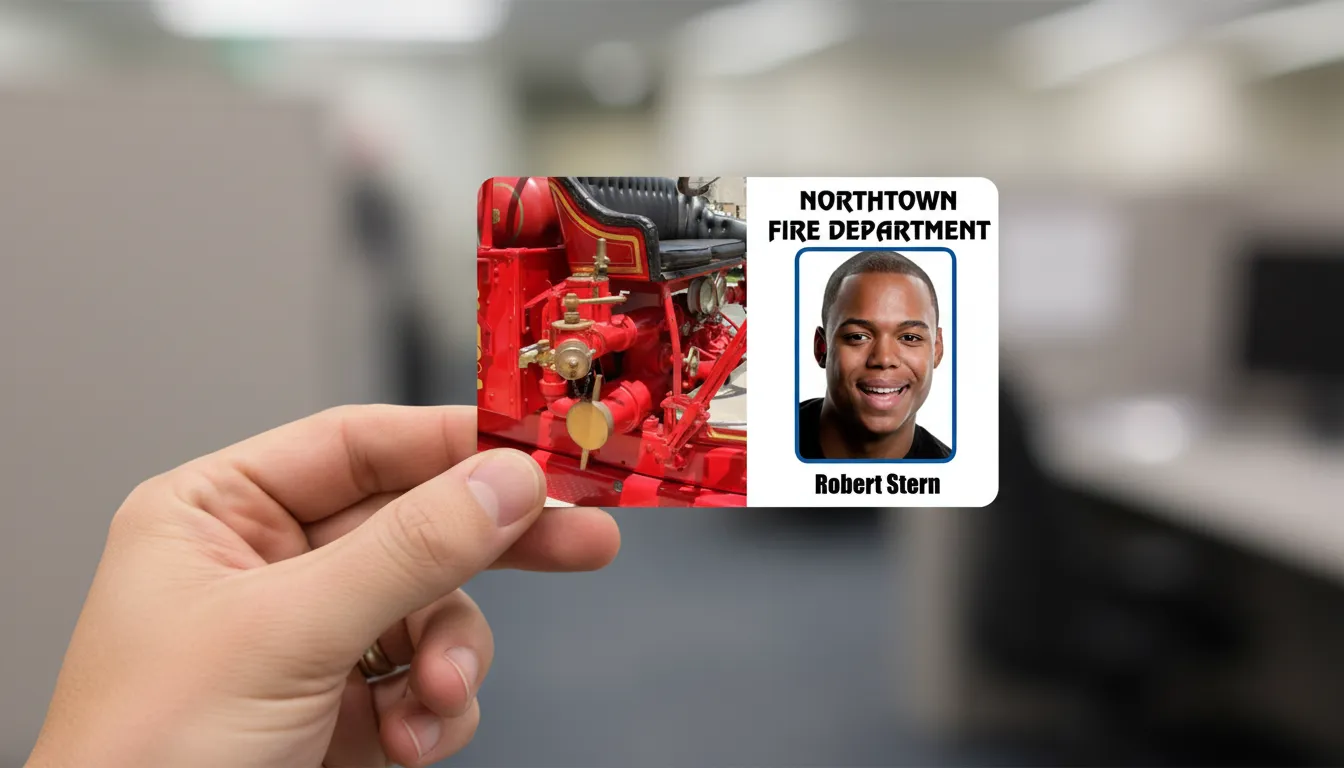 Fire department id badge, made of PVC, horizontal orientation, firefighter photo in the outline on the right.