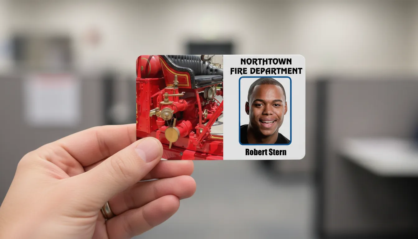 Fire house plastic photo id card, with red retro engine image on the left, and persons' photo on the right.