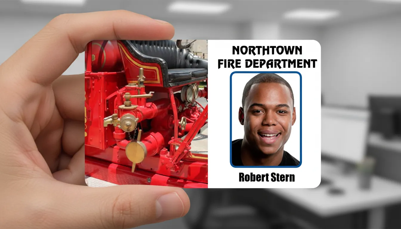 Firefighter id card with photo on the right and retro fire engine on the left, Fire Department name on the top.