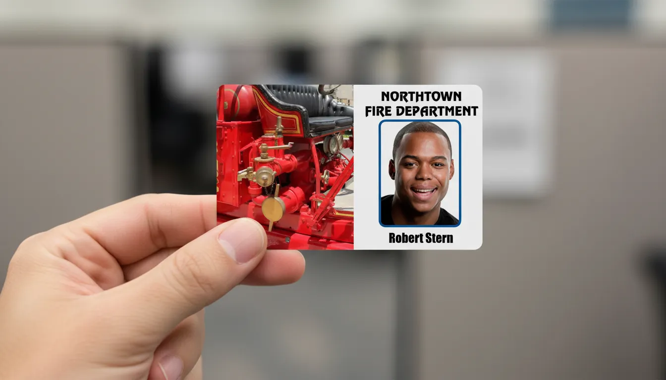 Firefighter ID photo badge with a horizontal design, symmetrical red and white panels, FD name on the top.