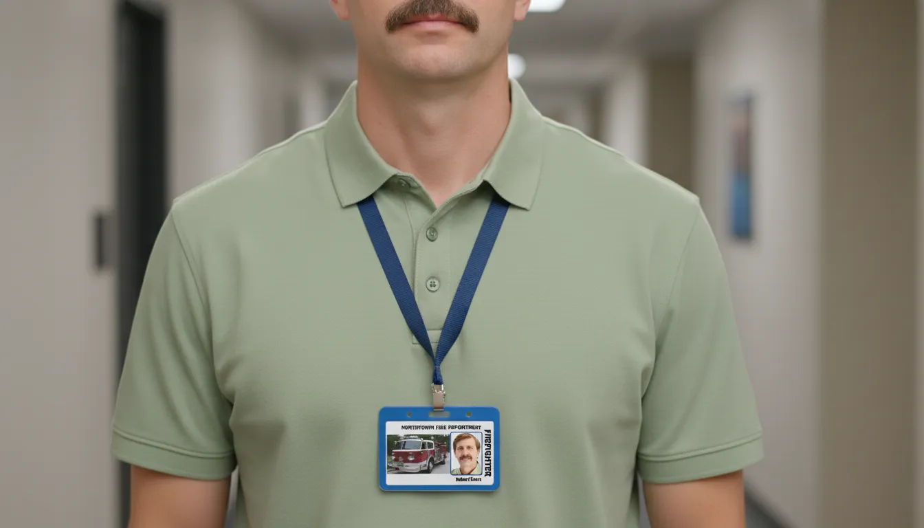 Fire department id badge, made of PVC, horizontal orientation, white background, photo and prominent black text.