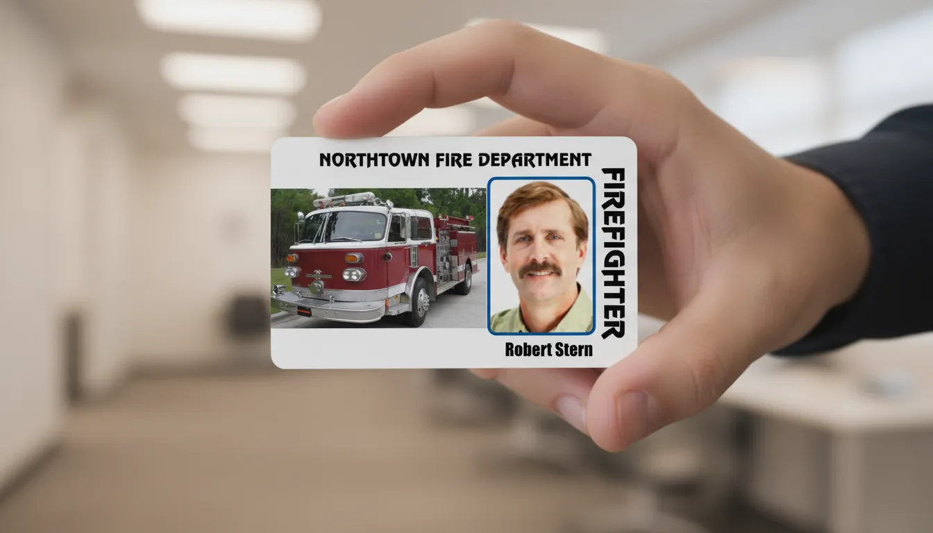 Fire engine photo id card, with the firefighter photo color outline on the right and retro fire truck on the left.
