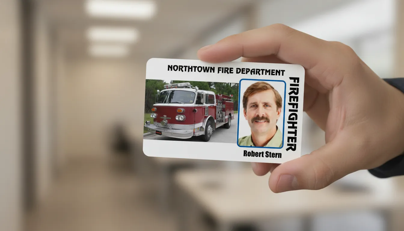 Firefighter photo id badge with NFC feature, horizontal orientation, white background, black text labels.