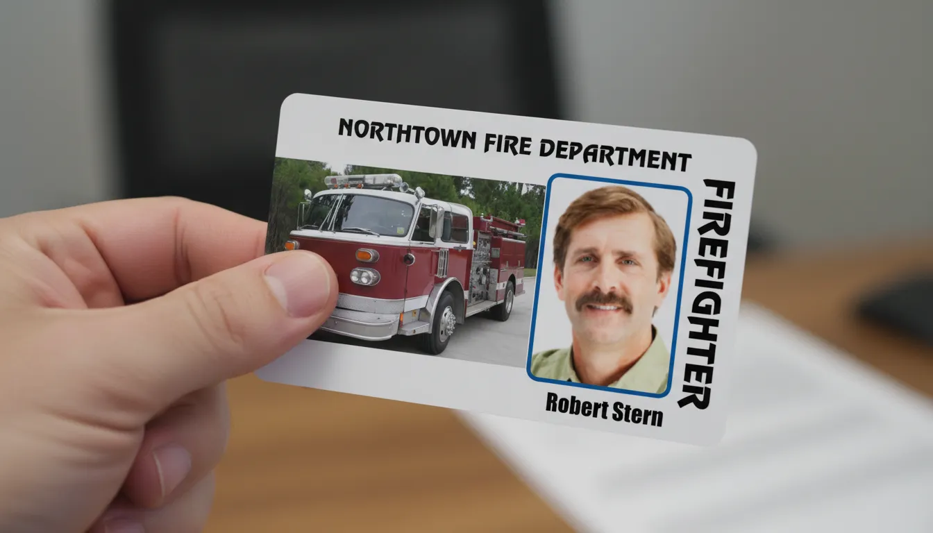 Plastic ID card with a photo and RFID proximity chip access control option, retro fire truck image on the left.