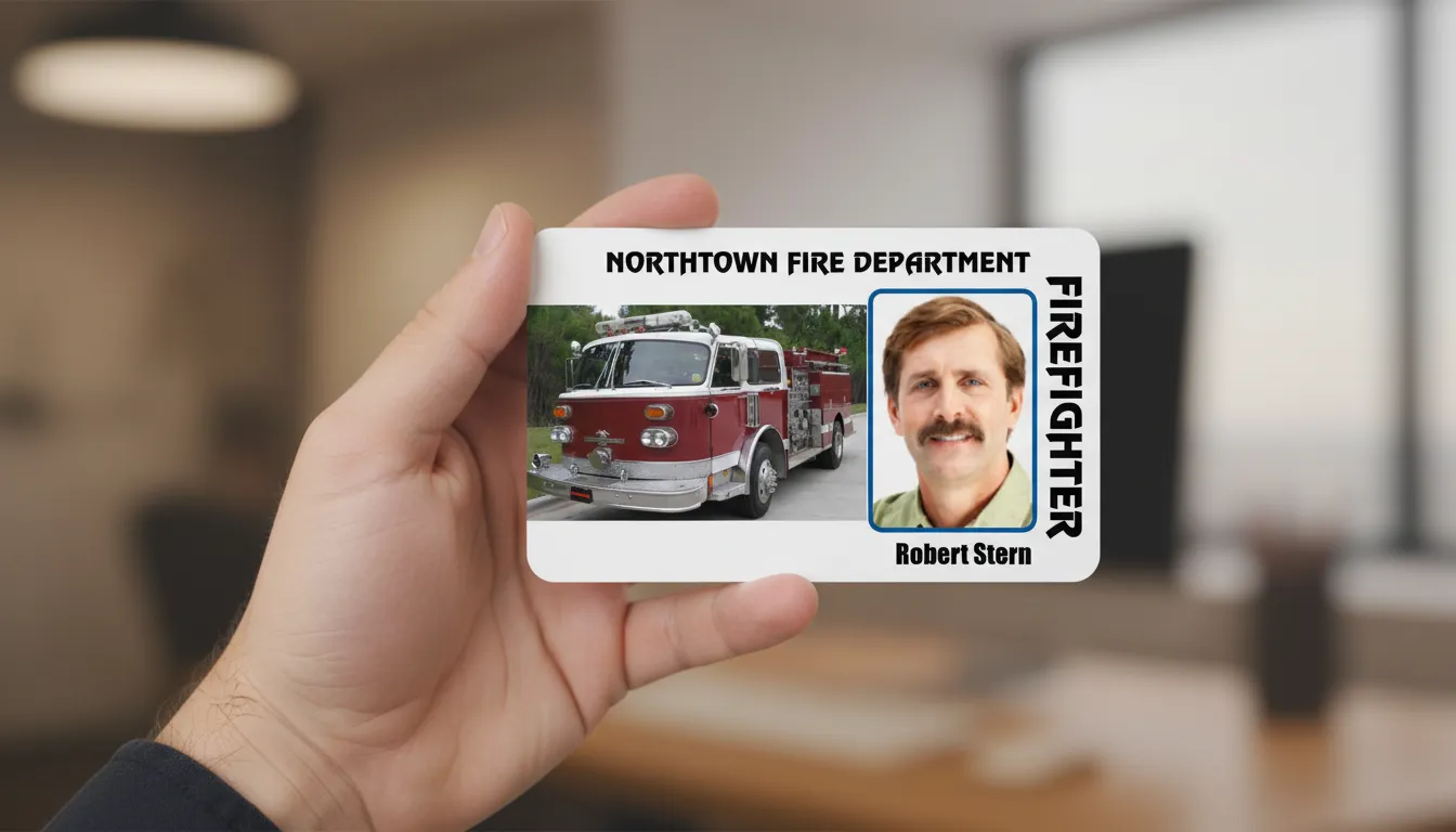 PVC photo id card for a fire company, featuring retro fire truck, firefighter photo in blue outline, and the name in black.