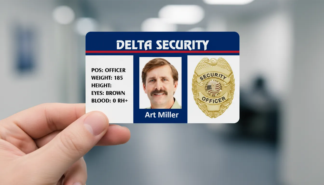 PVC photo id card for a  security officer, featuring NFC option, centrally placed persons' photo and name.