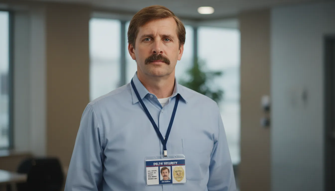 Security company photo id badge, PVC material, with prominent, high contrast organization name, guard personal information.