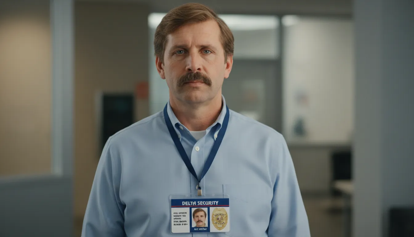 Security guard id card, horizontal design, dark blue, white and red layout, worn by a lanyard in a clear sleeve.