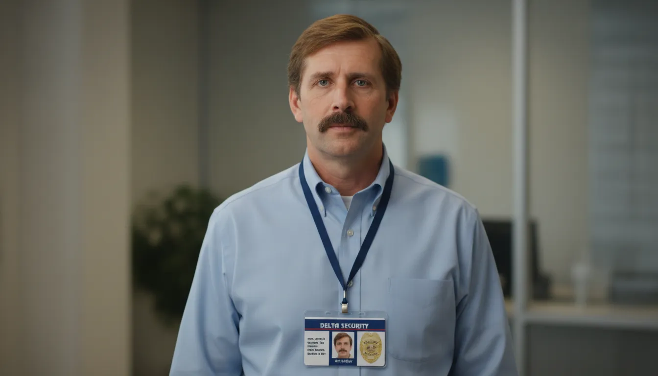 Security guard plastic photo id badge, featuring horizontal design, worn by a lanyard, with persons' photo in the middle.