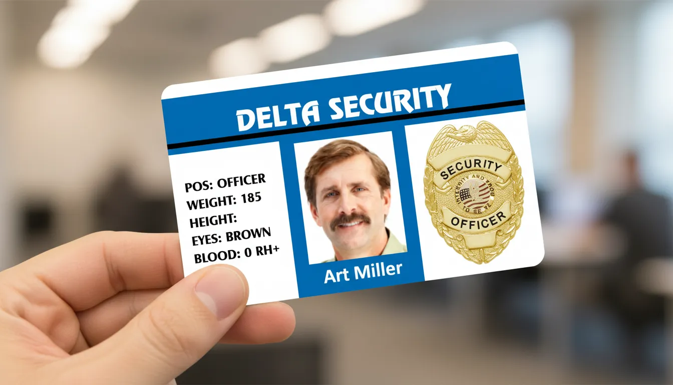 Security guard PVC id card, horizontal design, light blue, white and black layout, showing persons' name and data.