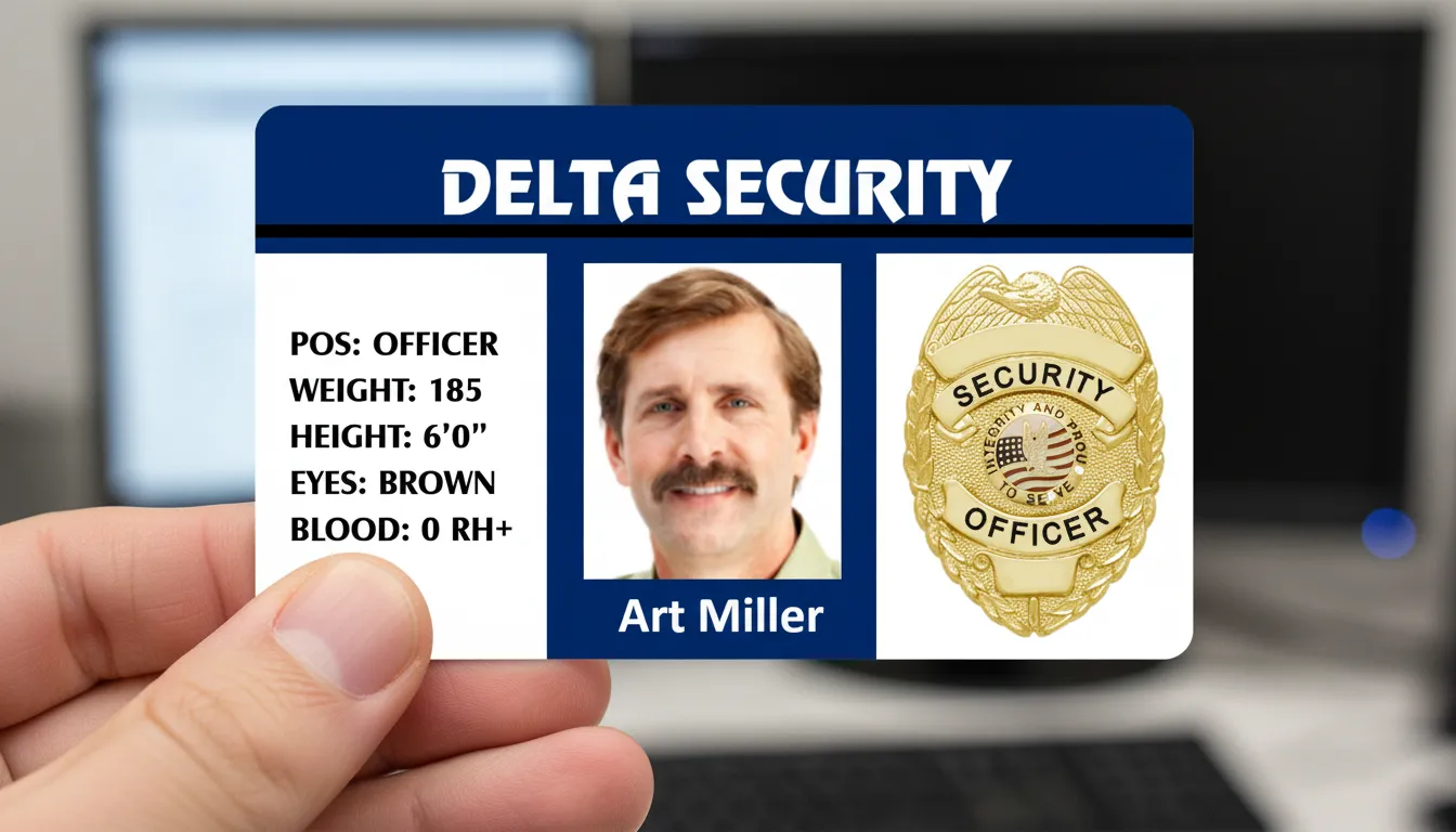 Security officer photo ID card, with centered image of the person, company name on the top, and golden badge on the right.