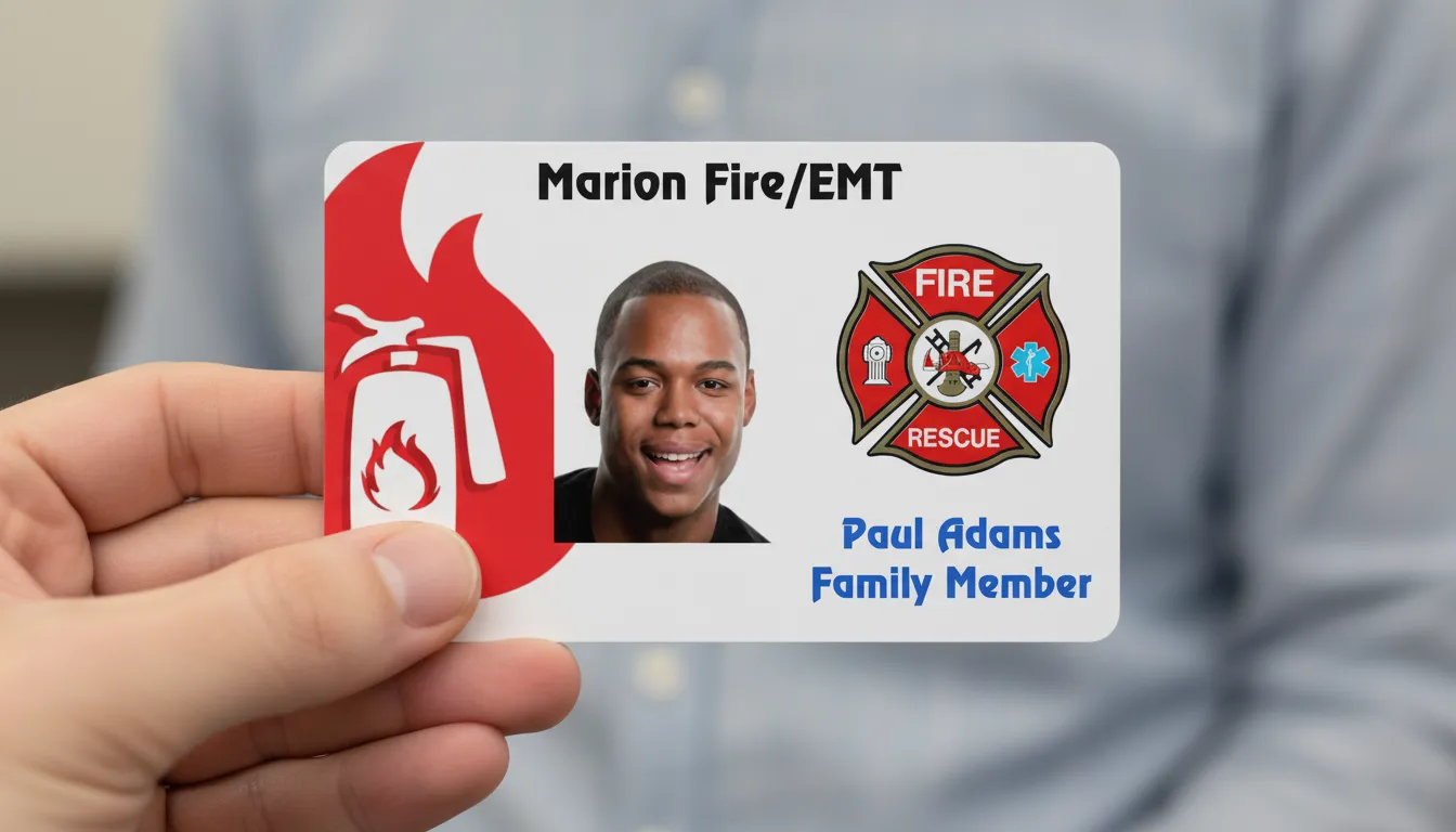 Blue and white Fired dept ID card template with photo area, name, title, and barcode sections.