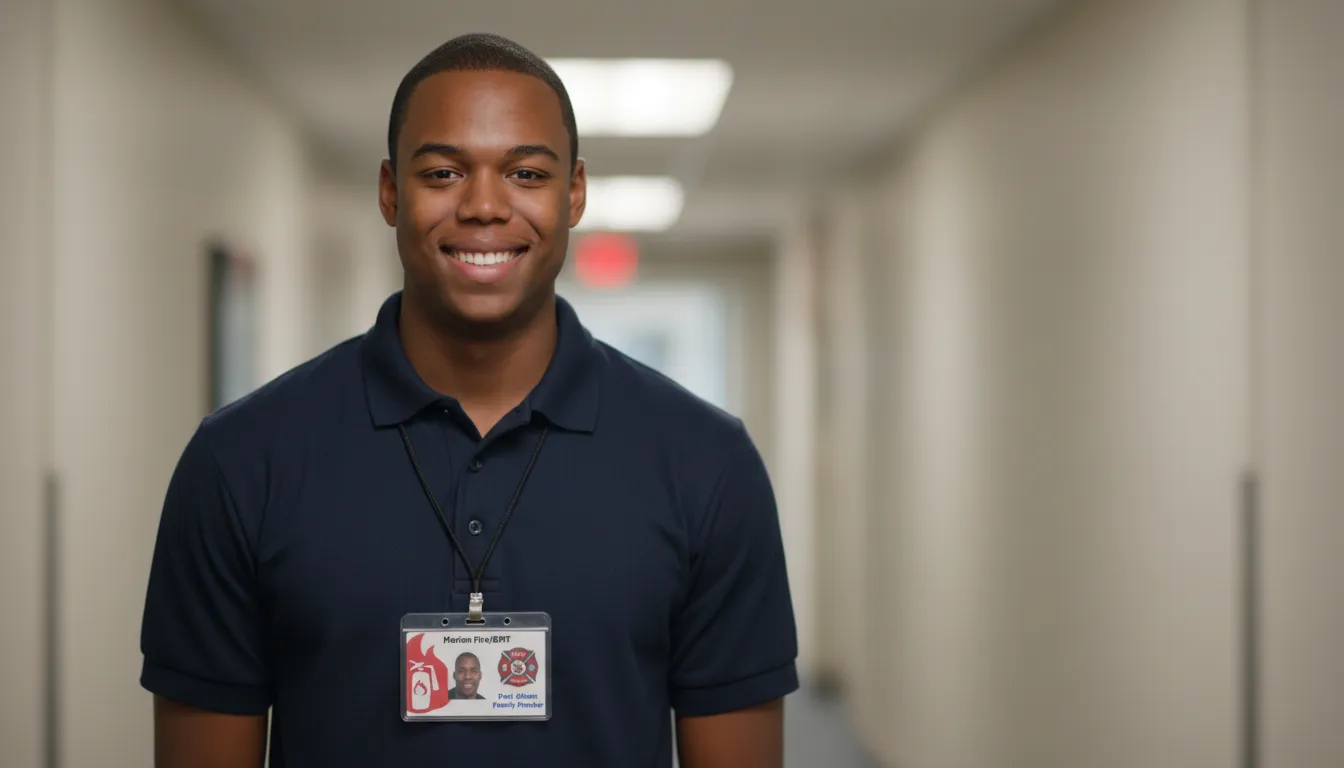 Blue, red and white EMT ID card template with photo area, name, title, barcode, and company logo.