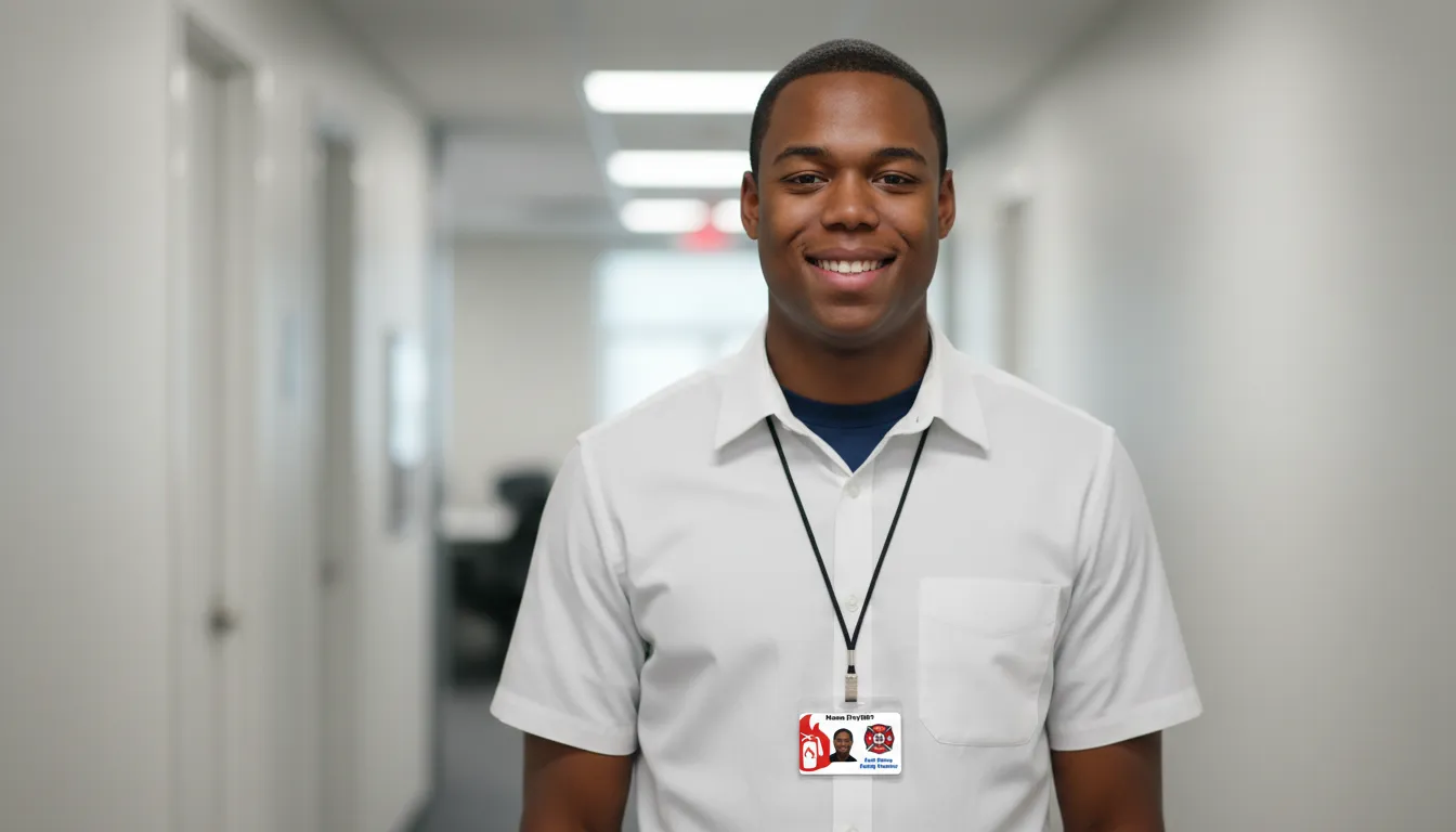 Custom ID badge template with red, blue and white color blocks, logo area, and text fields.