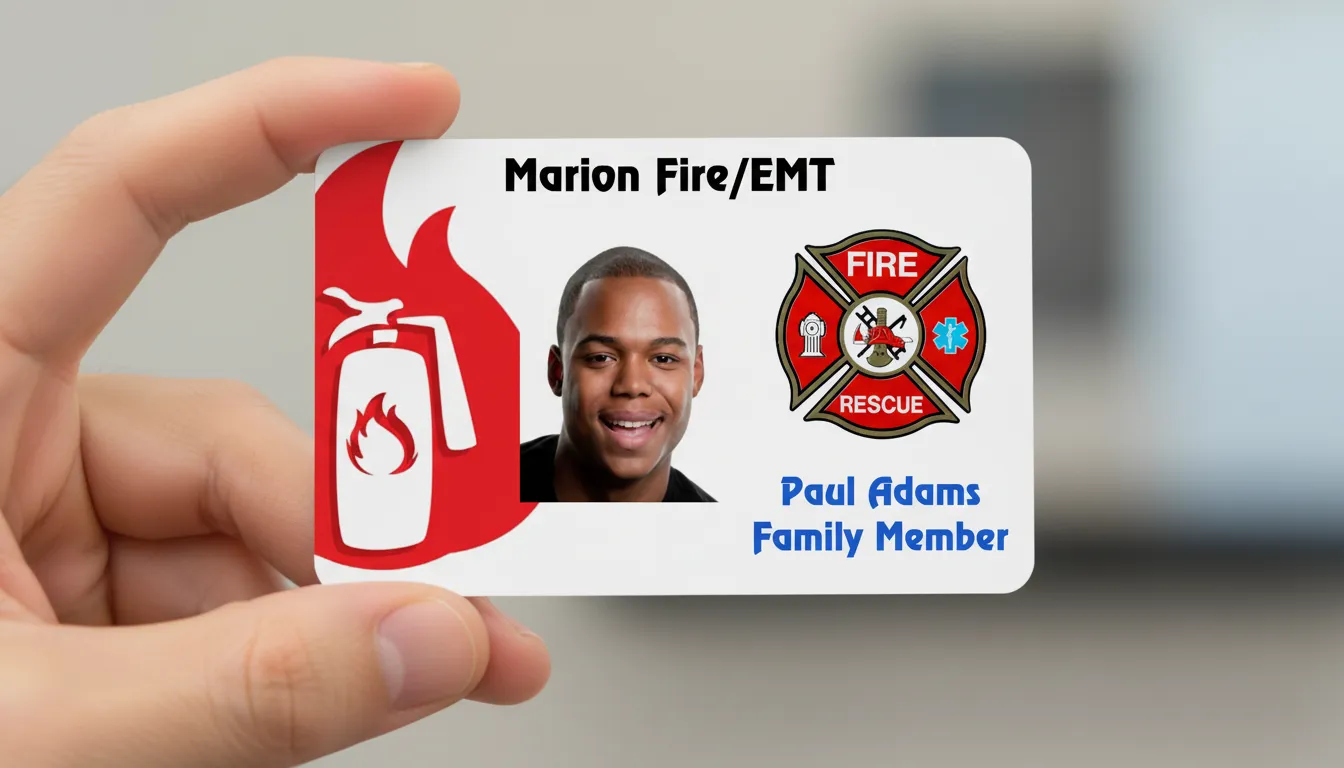 Custom ID badge with blue and white design, featuring logo area and text fields for name and title.