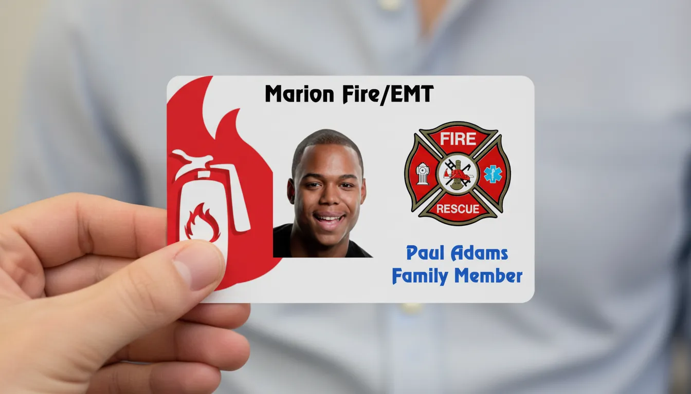 EMT family member ID card template with photo area, name, title, barcode, and company logo.