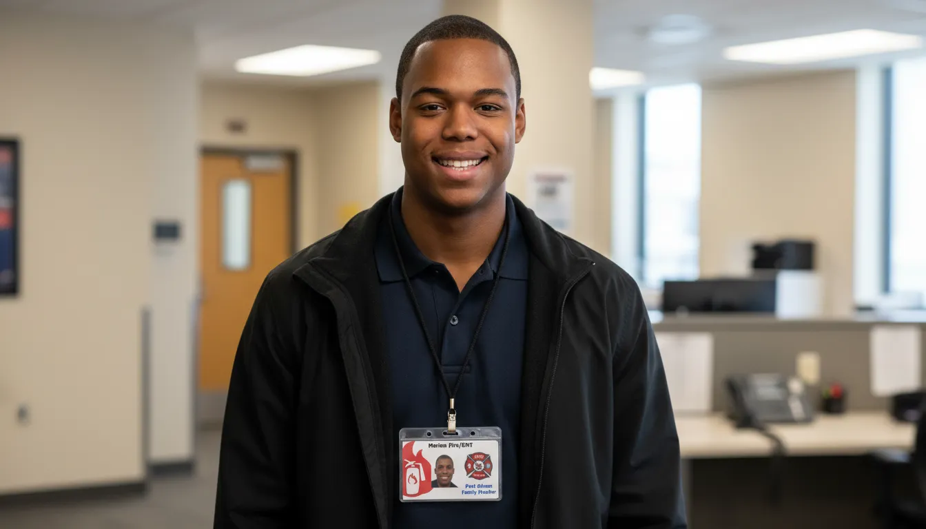 EMT ID card with holographic overlay, blue and white design, featuring text fields and barcode.