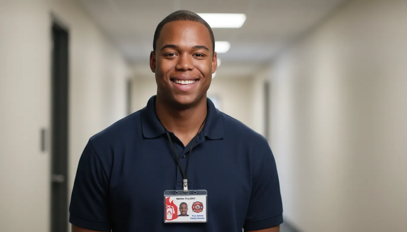 Red and white id card with holographic overlay, featuring text fields and a circular photo area.