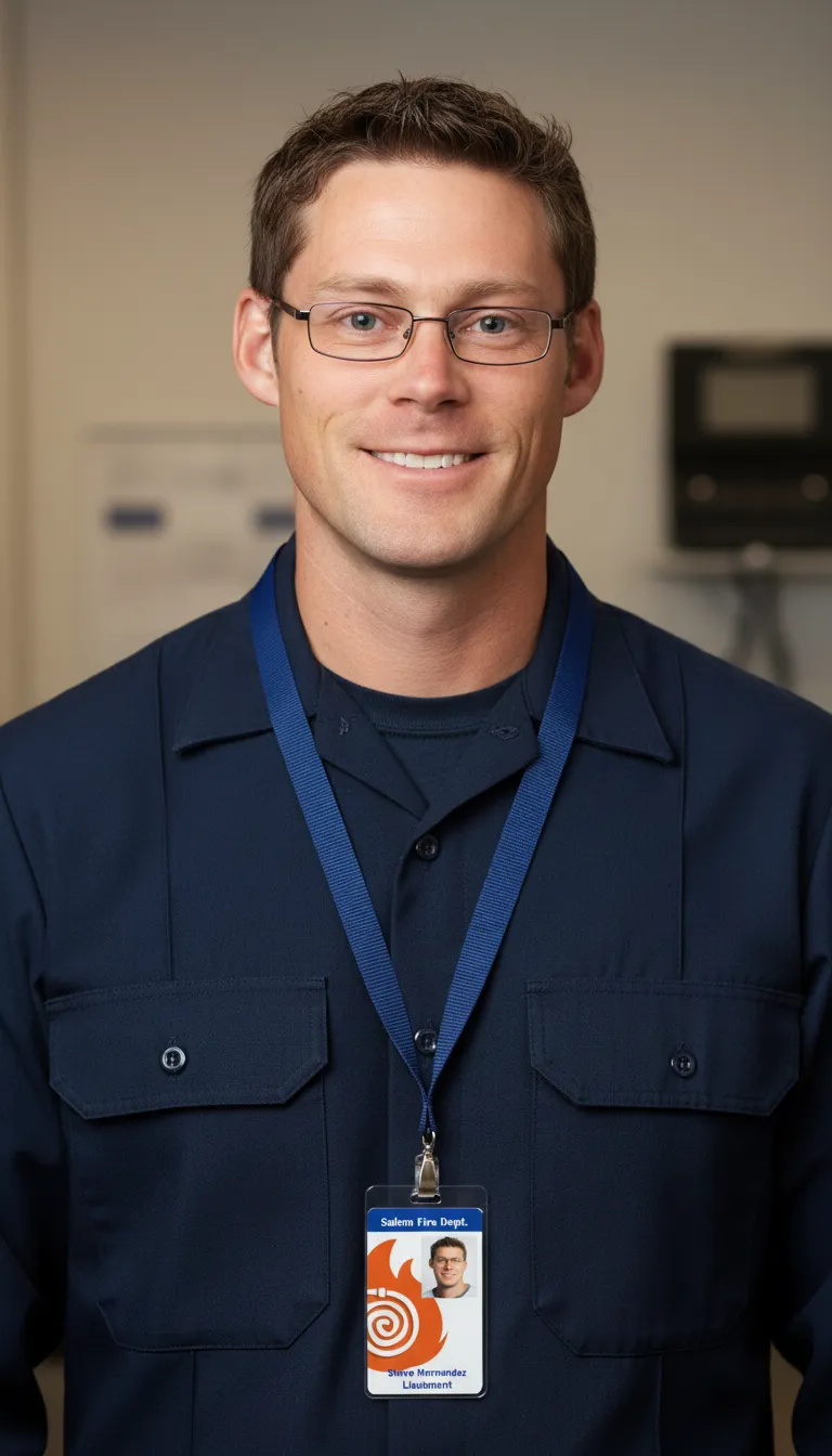 Custom ID badge for the Fire Department, featuring name, photo, barcode, and company logo.