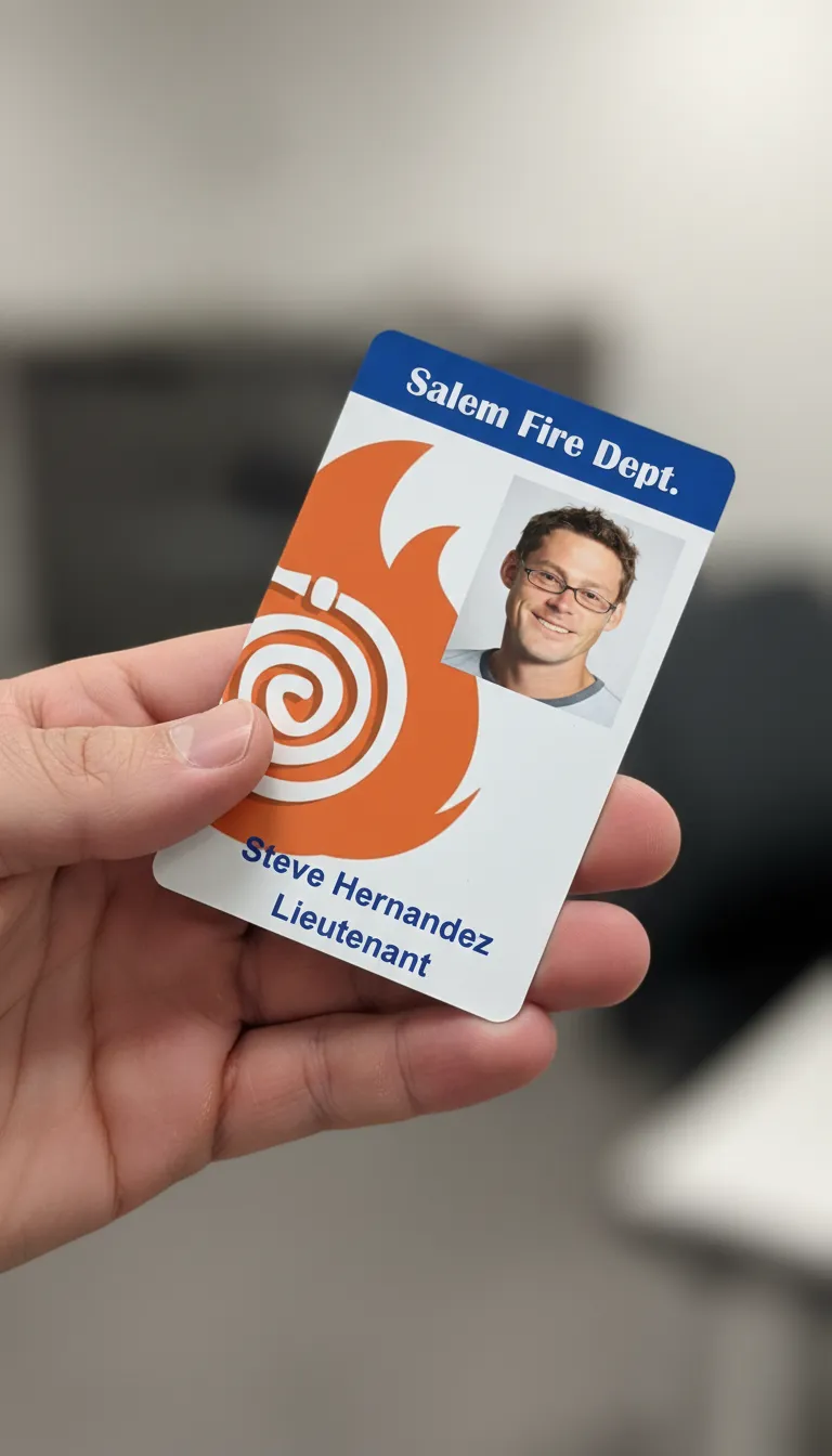 Durable ID card with orange and white design, featuring logo, name, title, and barcode.