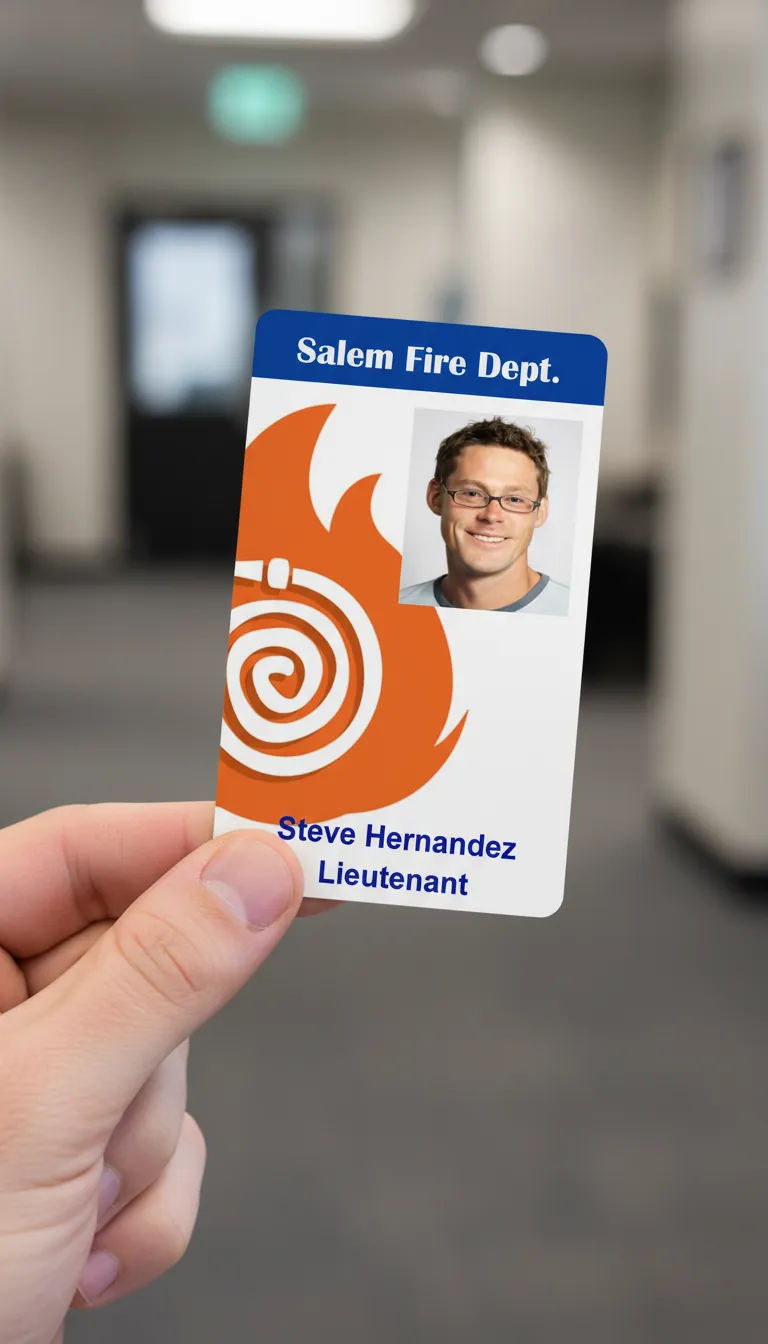 ID card with holographic overlay, blue and orange design, featuring text fields and barcode.
