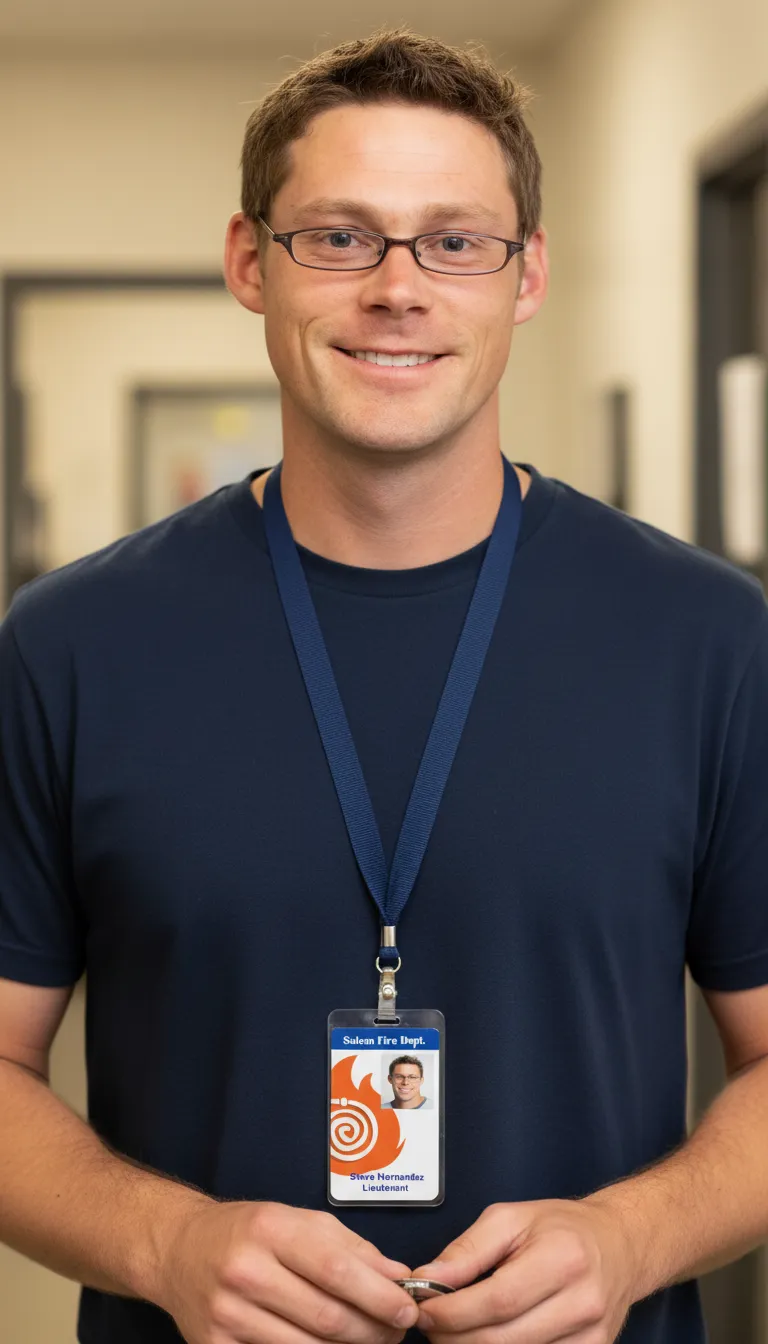 Plastic FD ID badge template with blue and white color blocks, logo area, and text fields.