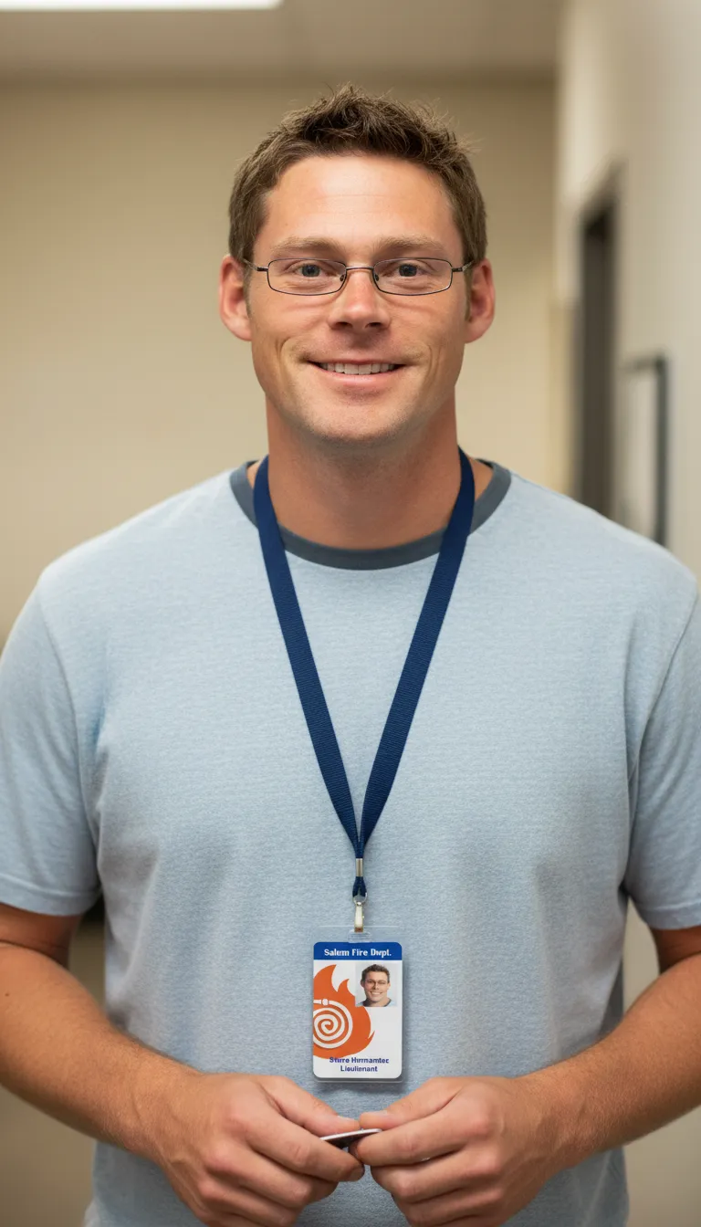 plastic ID badge template with blue and orange color blocks, logo area, and text fields.