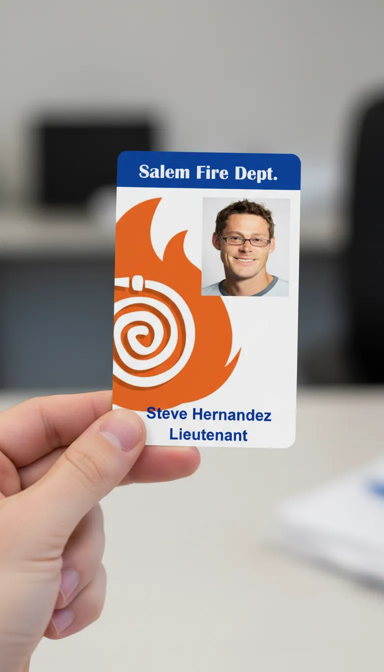 Professional ID badge with the orange flame and fire hose icon, featuring name, title, barcode, and company logo.