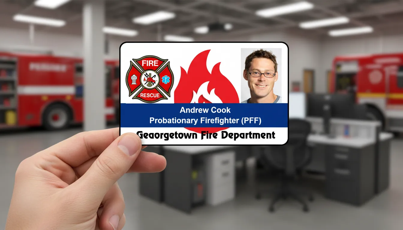 Durable ID card with Maltese cross, featuring photo area, name, and barcode section.