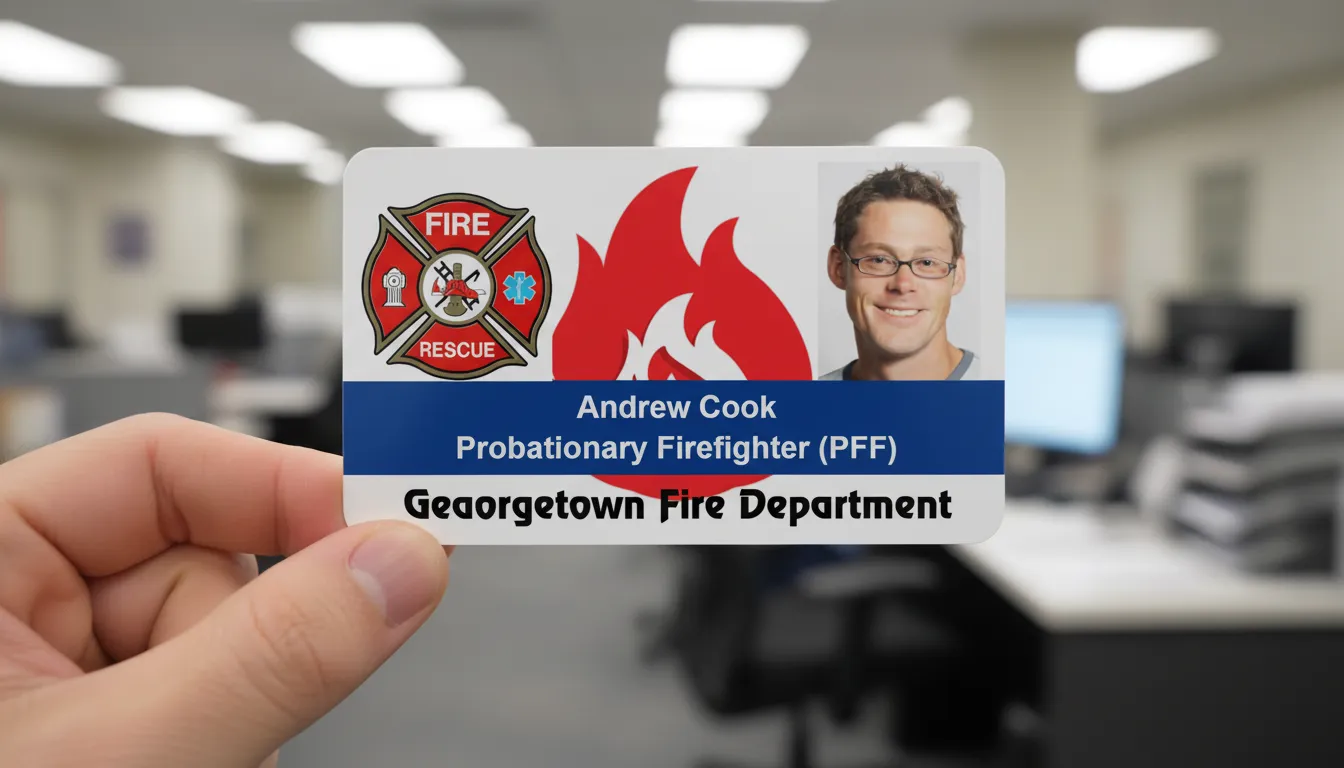 EMT ID badge with red, blue and white design, featuring logo area, name, title, and barcode.