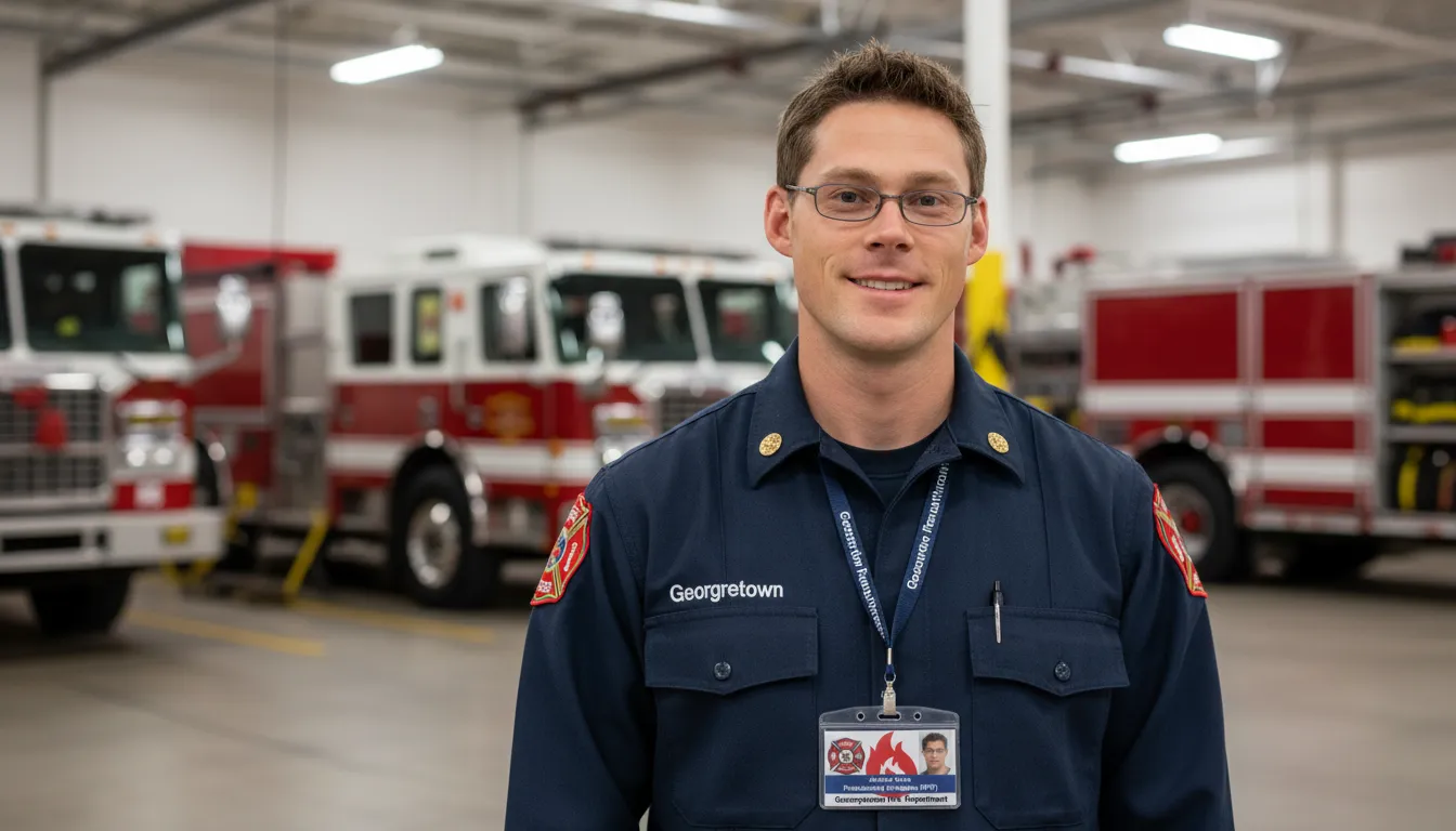 Fire fighter ID badge with blue, red and white design, logo area, name and title.