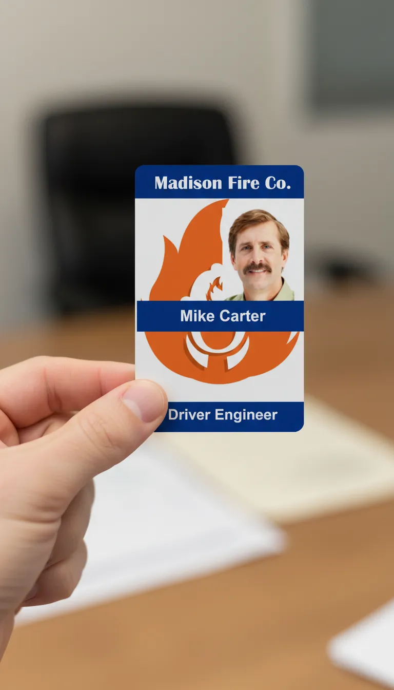 Custom ID card template with blue and white design, featuring name, title and logo.