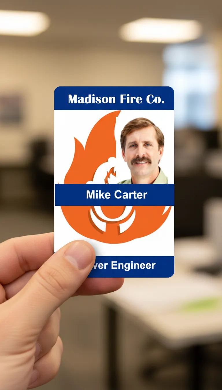 Custom ID card template with blue and white design, logo area, name, title, and barcode.