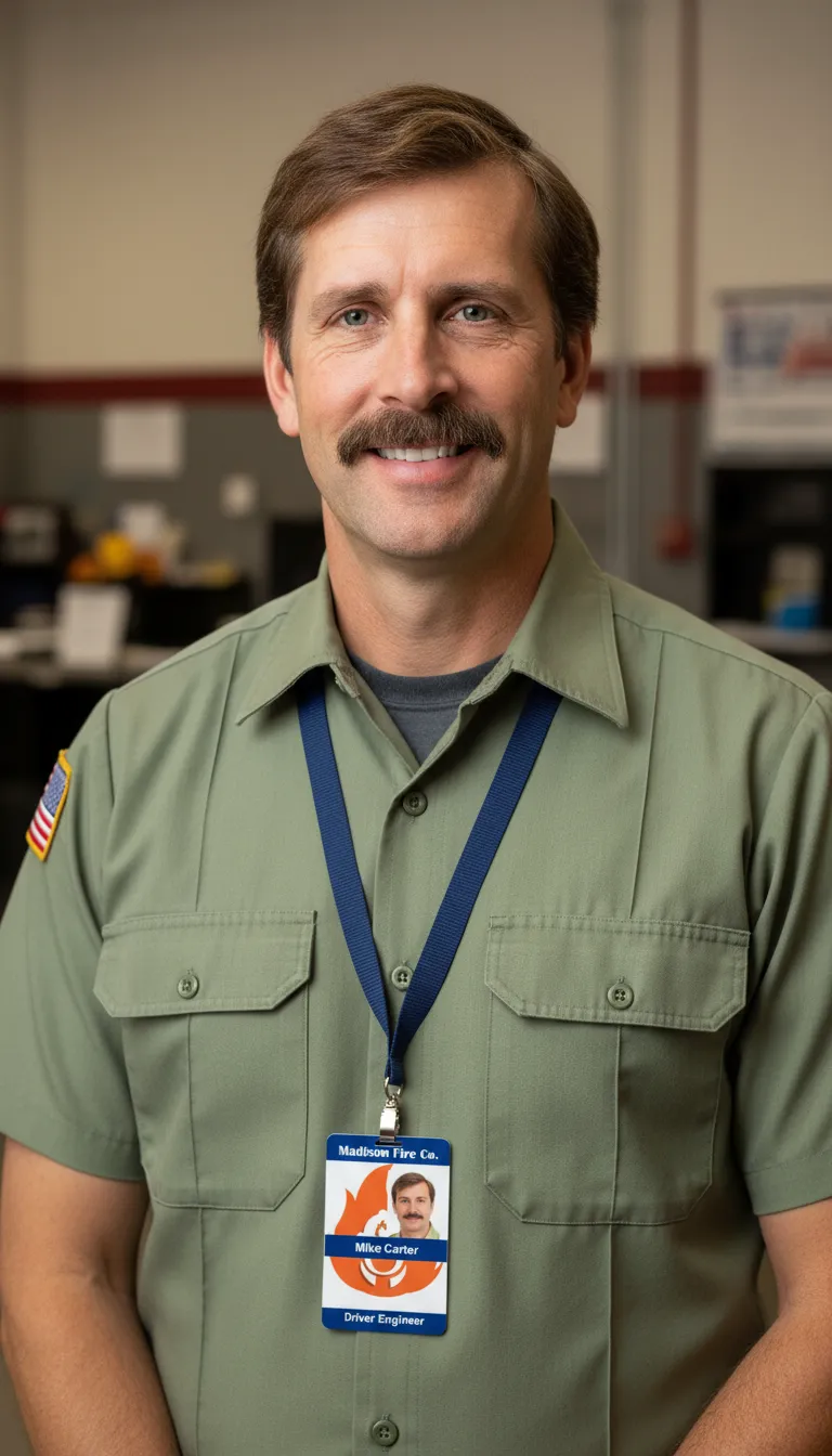 Durable fire house ID card with blue and white design, featuring logo, text fields, and barcode.