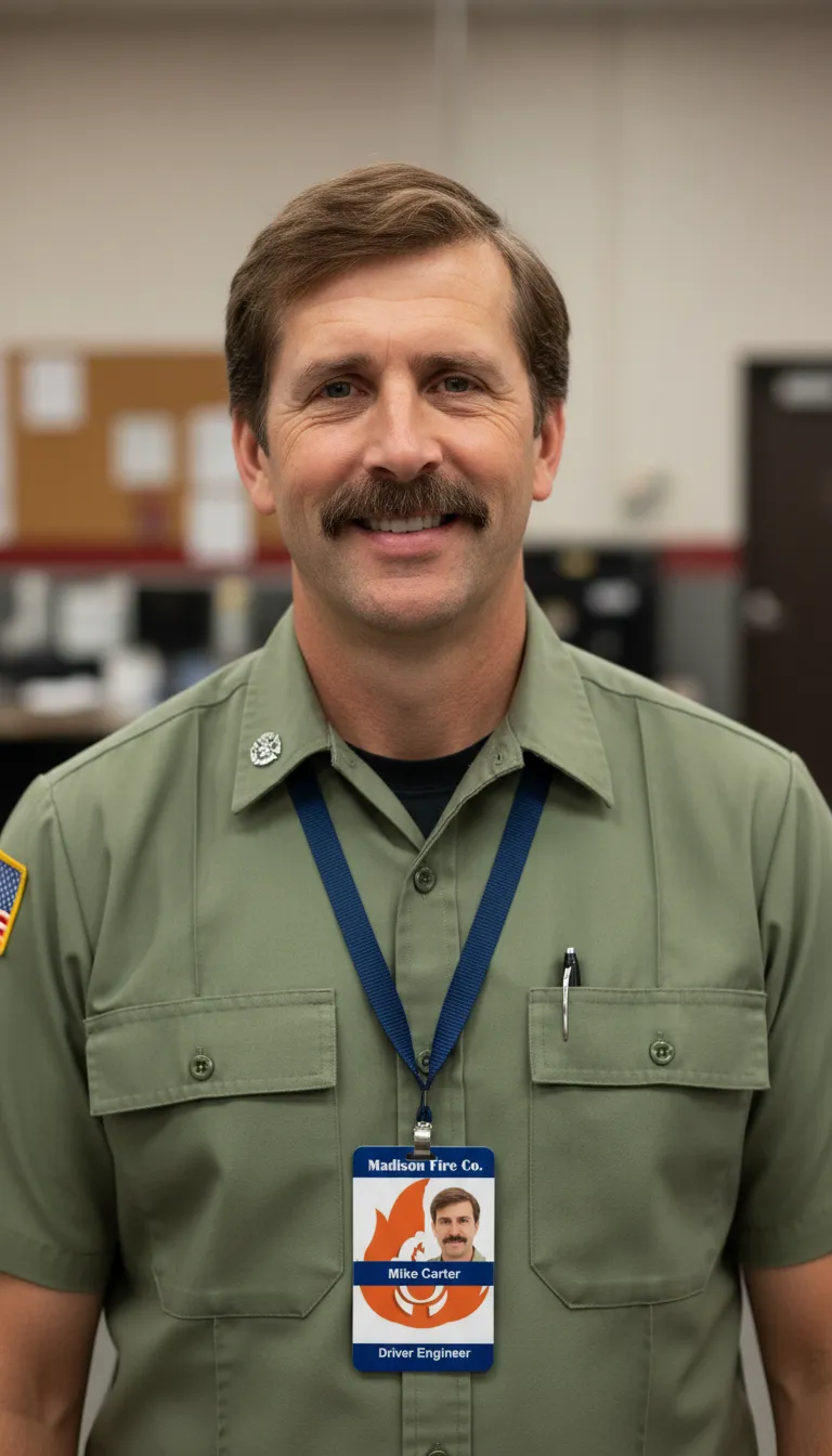 EMT ID badge with blue and orange design, featuring name, title, barcode, and company logo.