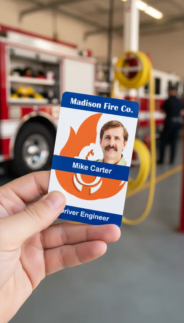Fire company ID badge, featuring vertical layout, name, title, barcode, and company logo.