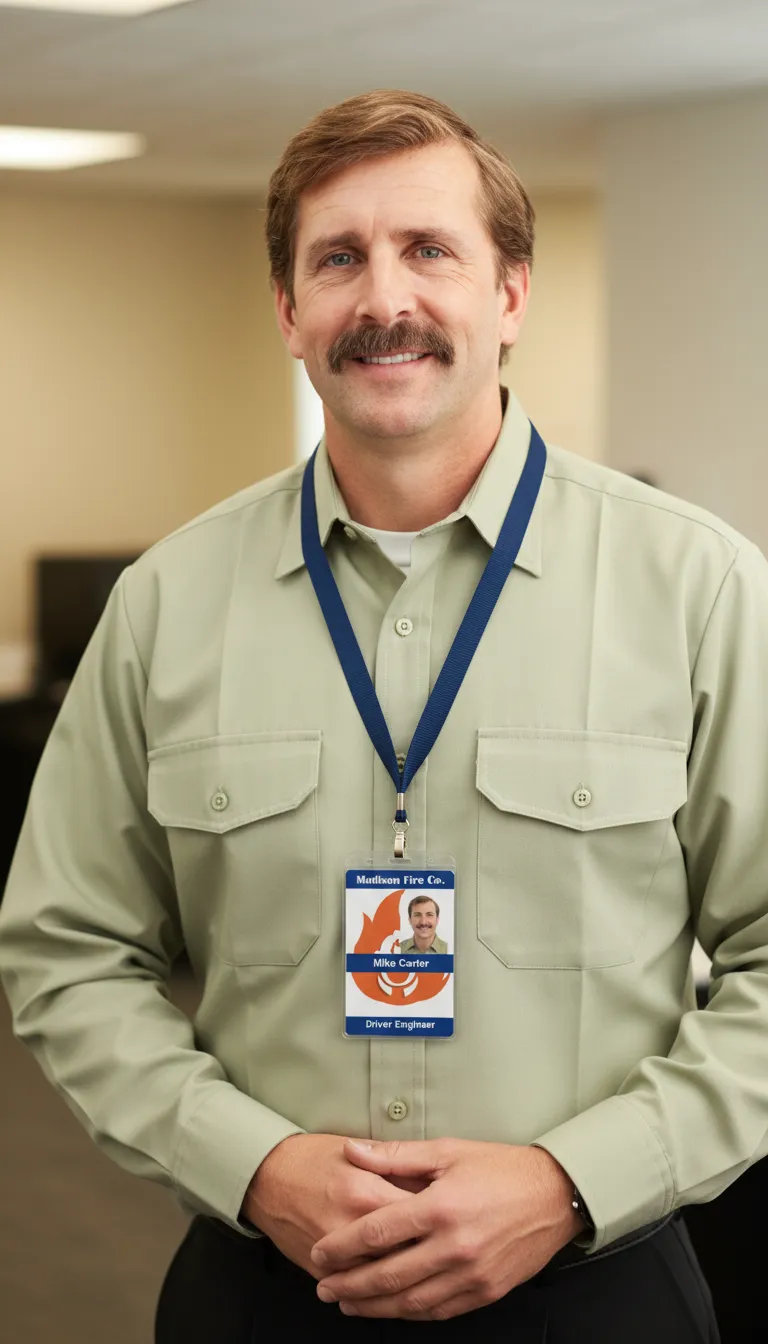 Navy blue and white id card with photo placeholder, name, title, barcode, and company logo area.