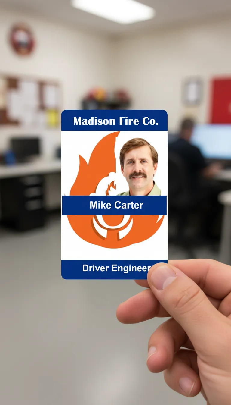 Vertical FD ID badge with blue and orange design, company logo, name, title, and barcode.