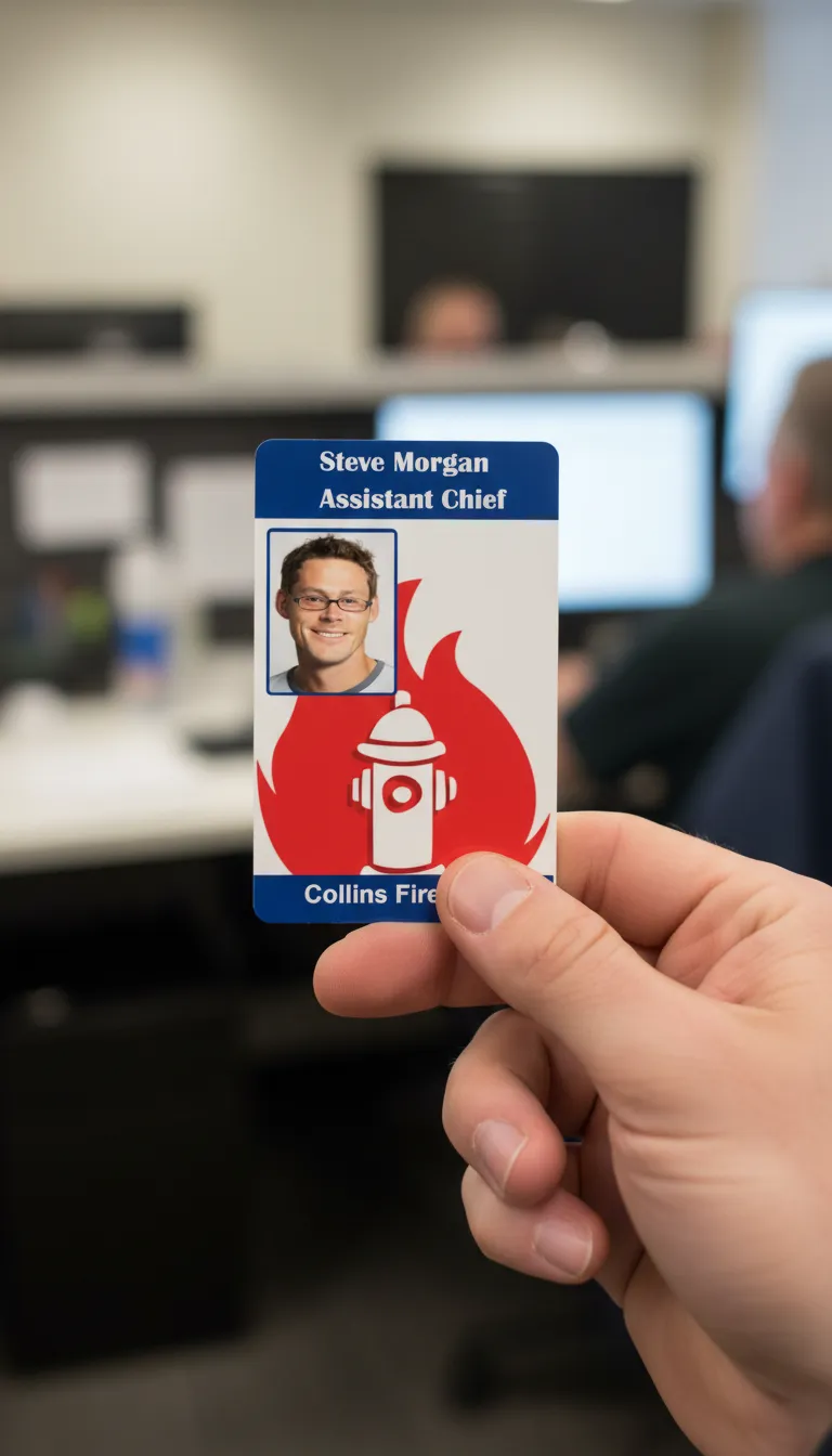 Custom ID card for a fire company with blue and white design, logo area, name and title.